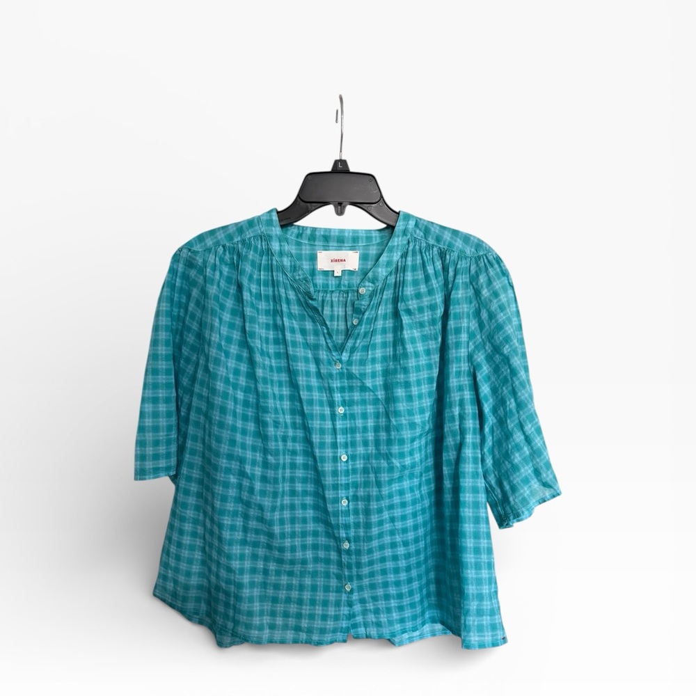 XiRENA Turquoise Plaid Blouse